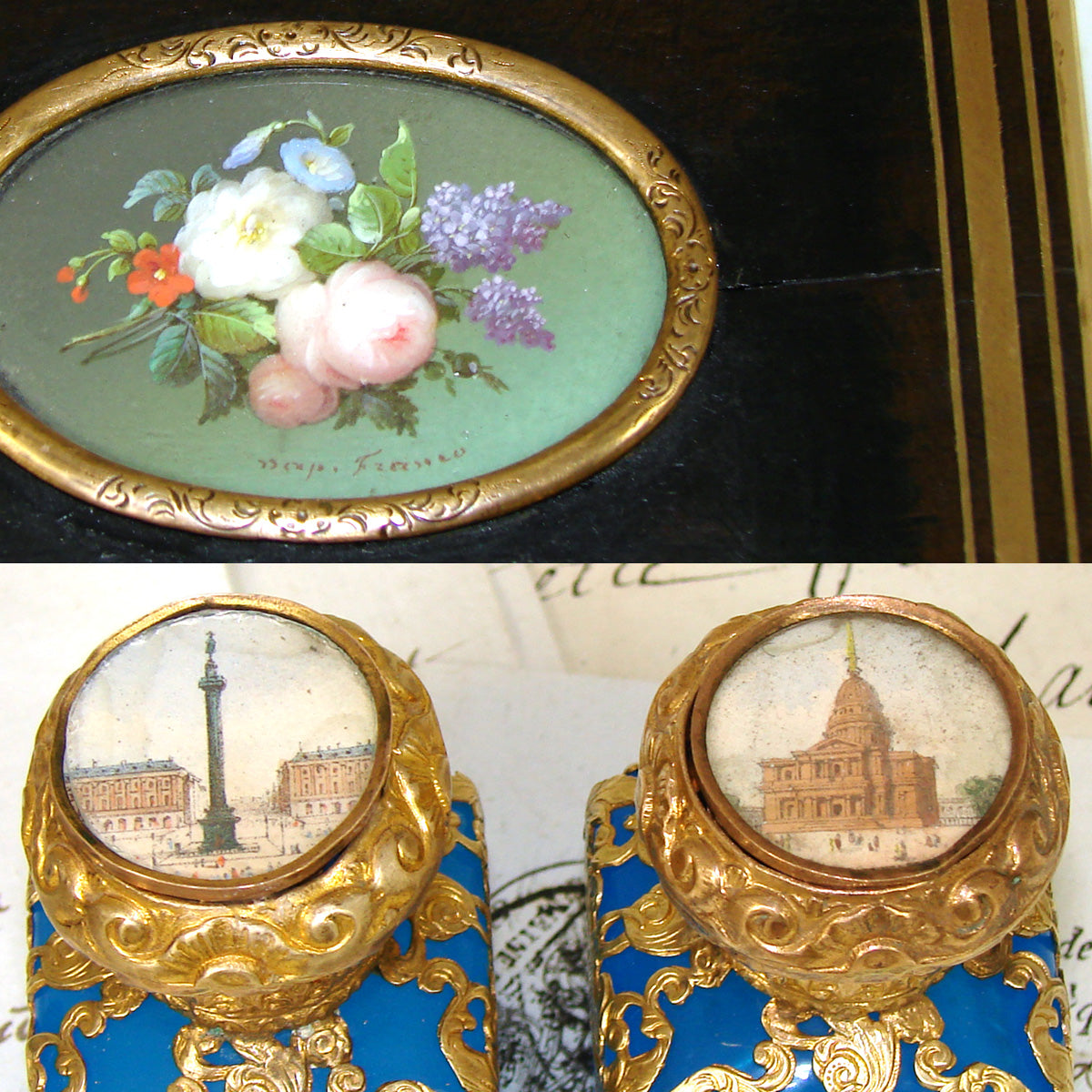 Antique French TAHAN Scent Caddy, Floral Medallion & 2 Blue Opaline & Eglomise Perfume Bottles