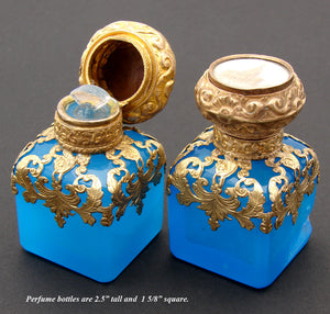 Antique French TAHAN Scent Caddy, Floral Medallion & 2 Blue Opaline & Eglomise Perfume Bottles