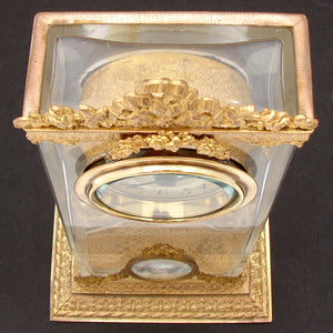 Antique French Empire Style 9" Desk or Boudoir Clock, Gilt Bronze & Baccarat(?) Glass Case, HP Portrait Miniature