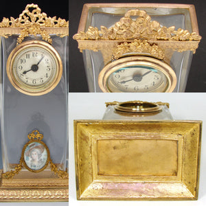 Antique French Empire Style 9" Desk or Boudoir Clock, Gilt Bronze & Baccarat(?) Glass Case, HP Portrait Miniature