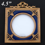 Antique-Vint. French Gilt Ormolu Empire Style Picture Frame, Bow & Ribbon Top, Blue Mat
