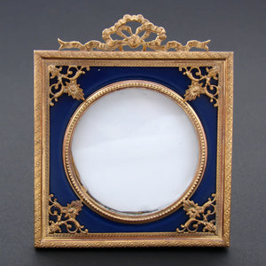 Antique-Vint. French Gilt Ormolu Empire Style Picture Frame, Bow & Ribbon Top, Blue Mat