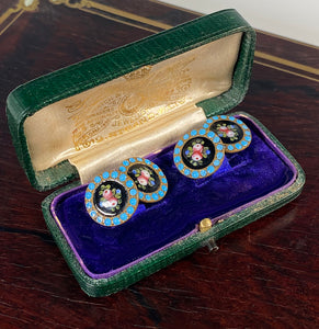 Charming Antique French Kiln-fired Enamel Buttons, Now Cufflink Pair in Original Box
