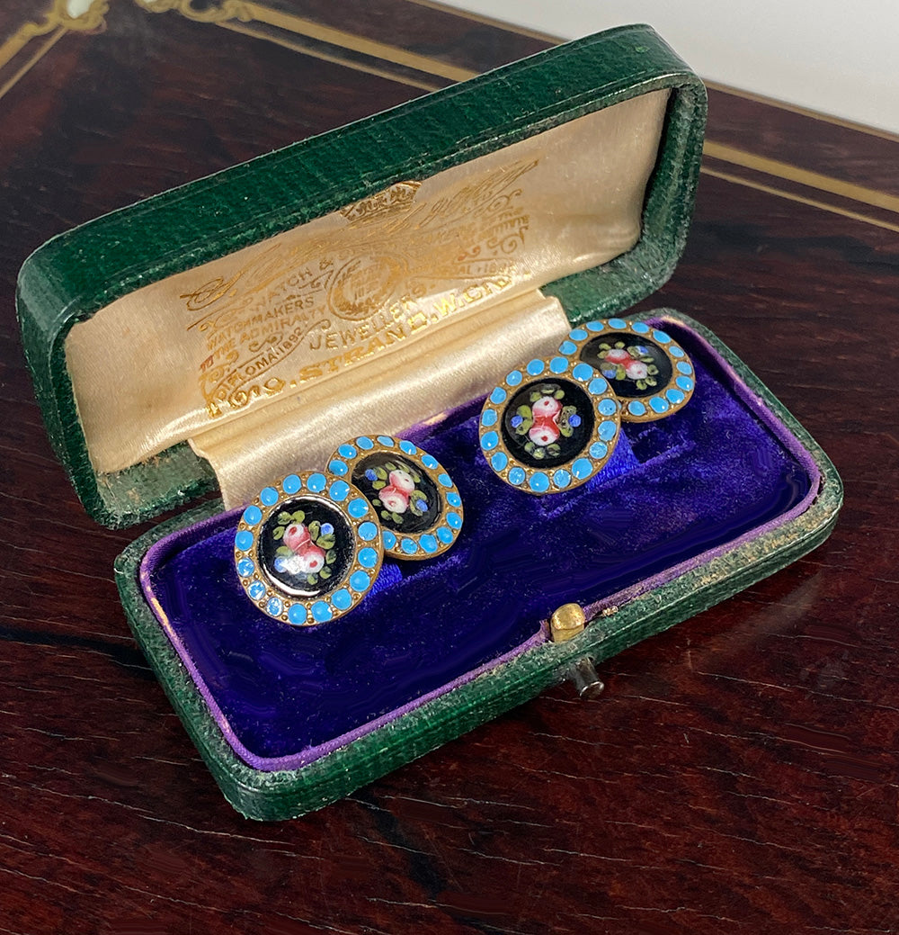 Charming Antique French Kiln-fired Enamel Buttons, Now Cufflink Pair in Original Box