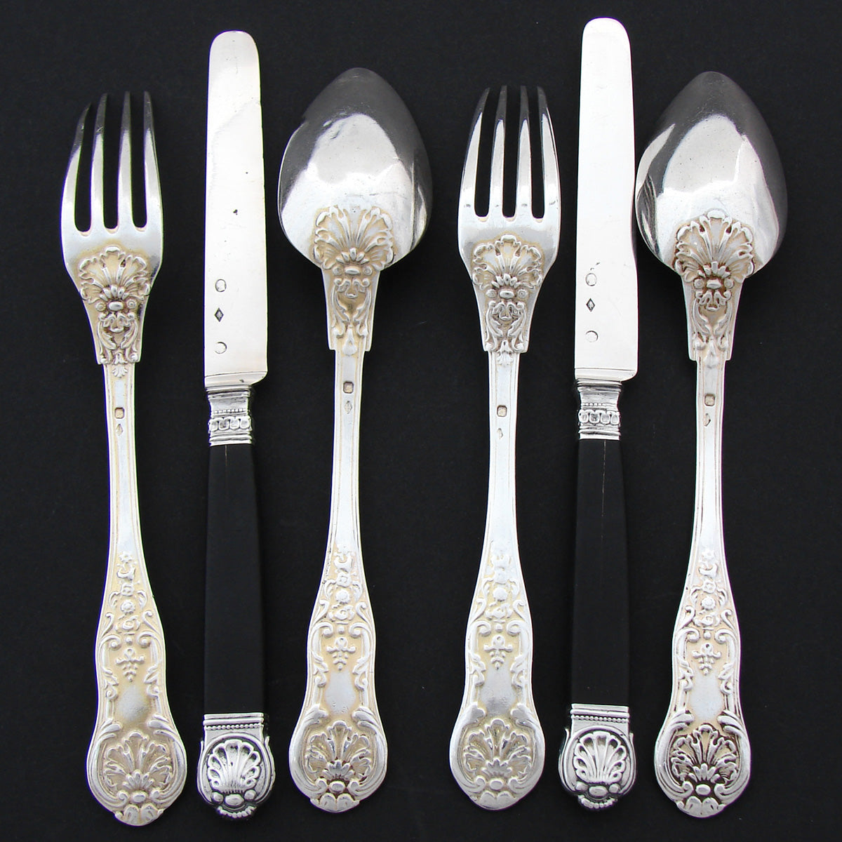 Antique French Sterling Silver 6pc Flatware Set, 3pc Setting for Two, Seashell Accented Pattern