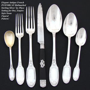 Antique French PUIFORCAT Sterling Silver 7pc Flatware Place Setting for ONE, Empire Style Swans