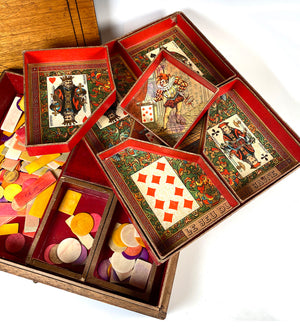 Fabulous 19th Century Antique French Gaming Box, Lift-out Trays, Bone Gambling Chips