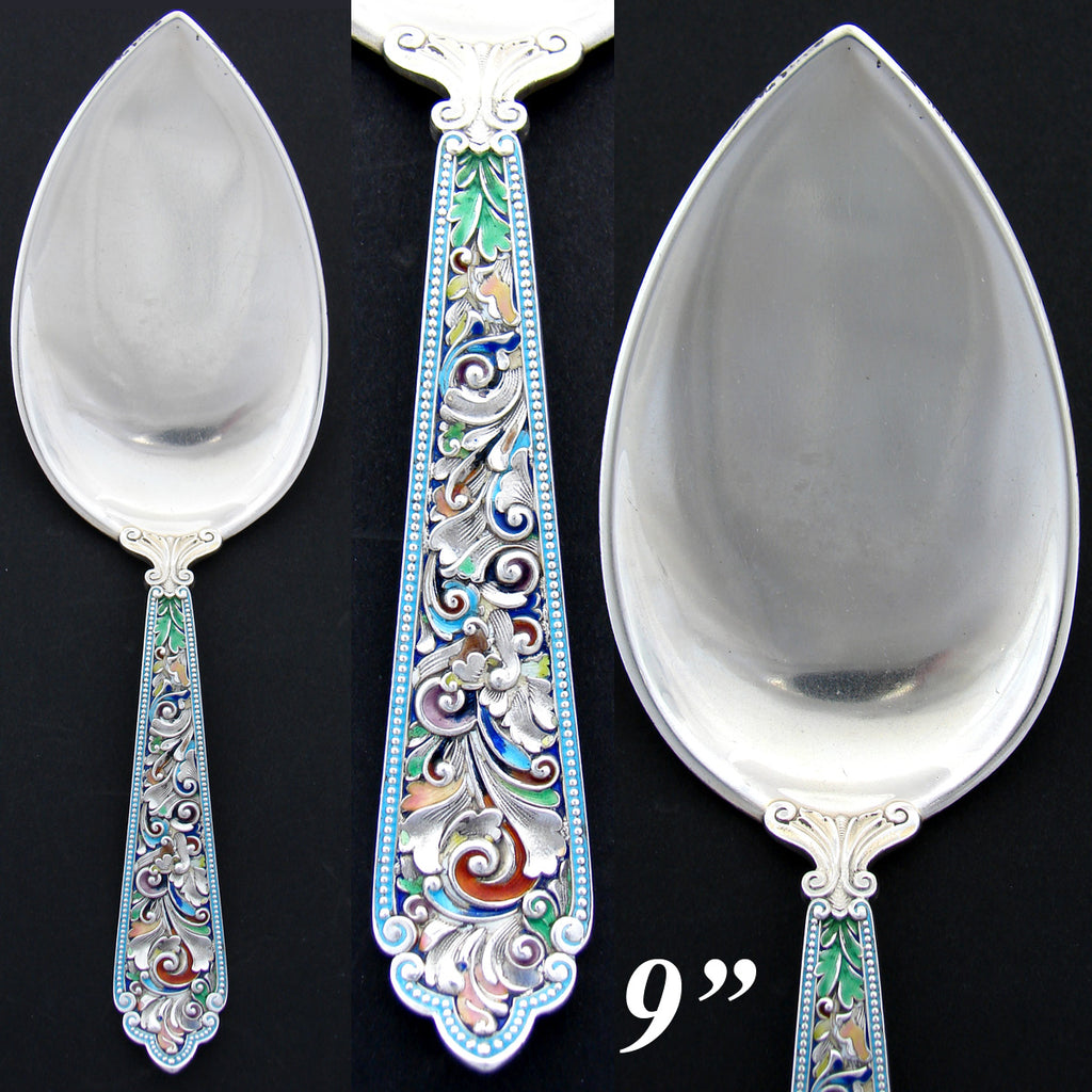 Antique Gorham Hallmarked Sterling Silver 9" Serving Spoon, Scrolled Tendrils & Foliage, Kiln-fired Enamel