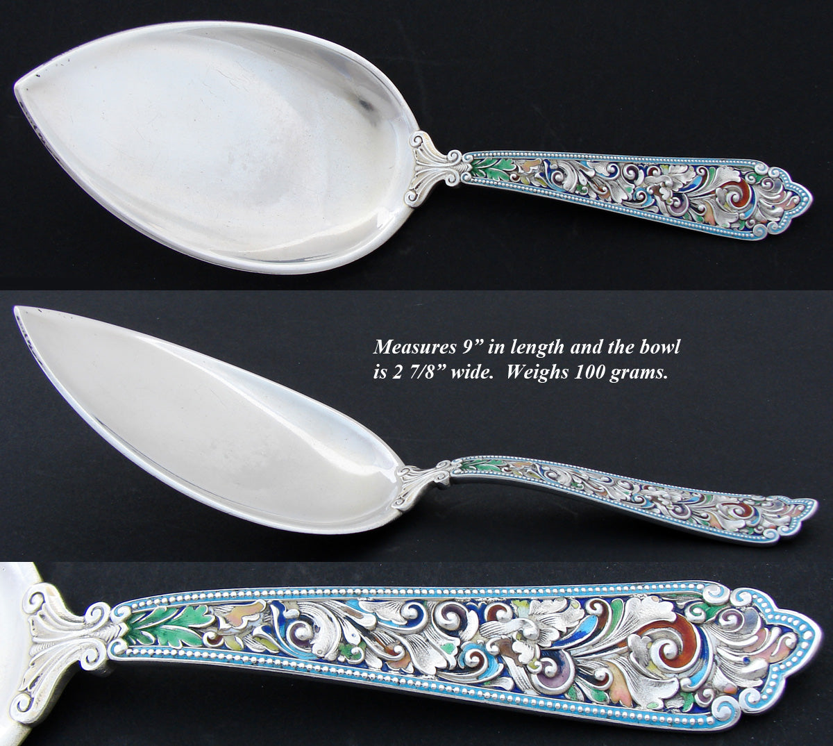 Antique Gorham Hallmarked Sterling Silver 9" Serving Spoon, Scrolled Tendrils & Foliage, Kiln-fired Enamel