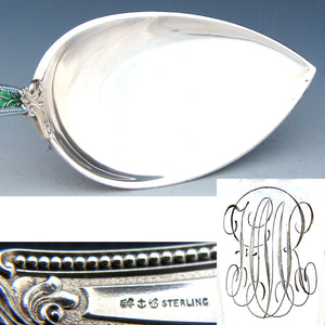 Antique Gorham Hallmarked Sterling Silver 9" Serving Spoon, Scrolled Tendrils & Foliage, Kiln-fired Enamel