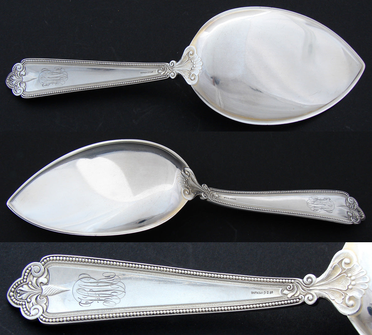 Antique Gorham Hallmarked Sterling Silver 9" Serving Spoon, Scrolled Tendrils & Foliage, Kiln-fired Enamel