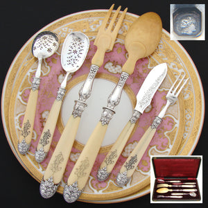 Antique French Sterling Silver & Ivory 6pc Salad & Hors d'Ouevre Serving Utensil Set, in Box