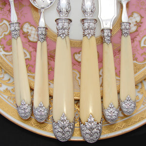 Antique French Sterling Silver & Ivory 6pc Salad & Hors d'Ouevre Serving Utensil Set, in Box