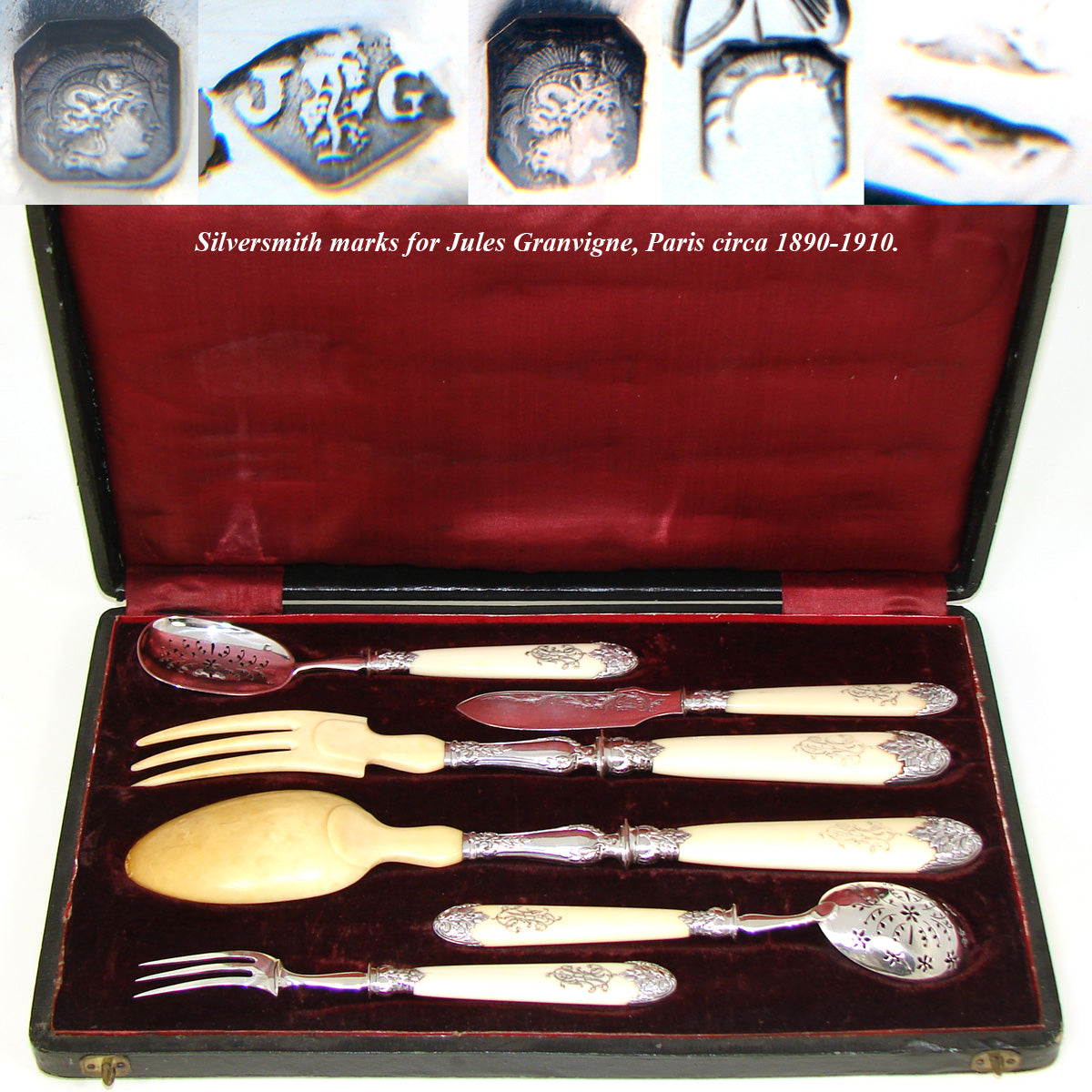 Antique French Sterling Silver & Ivory 6pc Salad & Hors d'Ouevre Serving Utensil Set, in Box