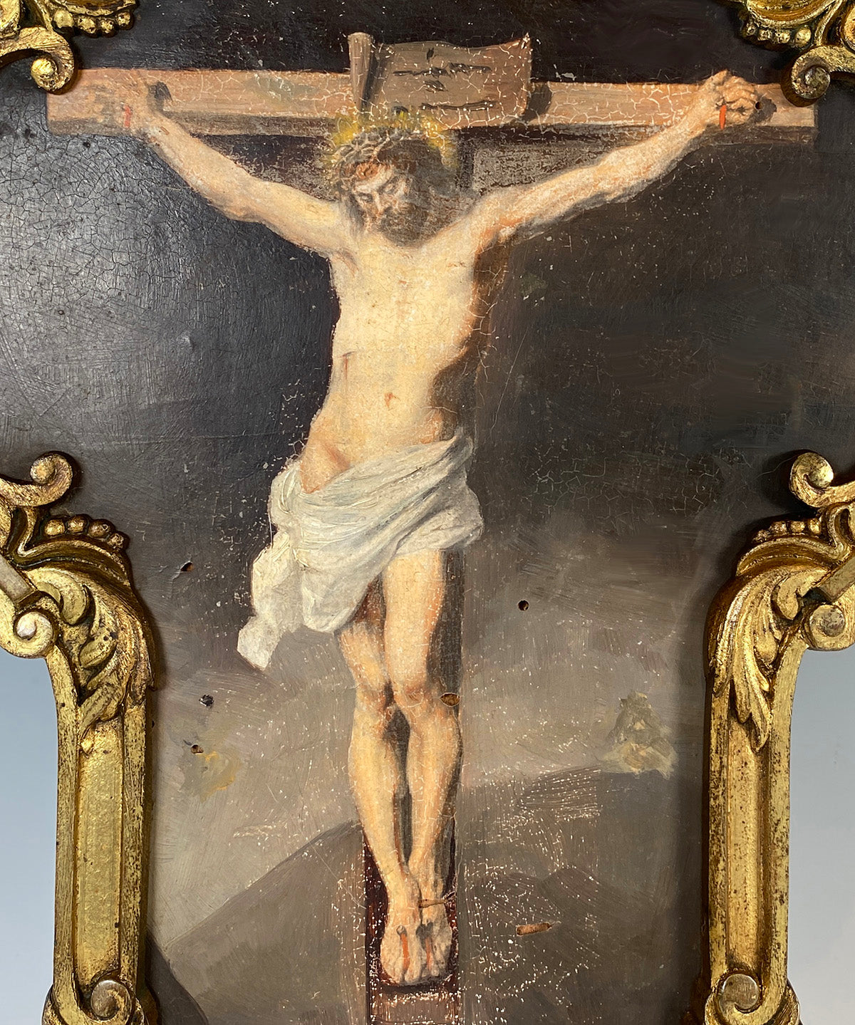 Superb Antique French Oil Painting Portrait, Christ on Cross, Crucifix in Elaborate Bronze Frame