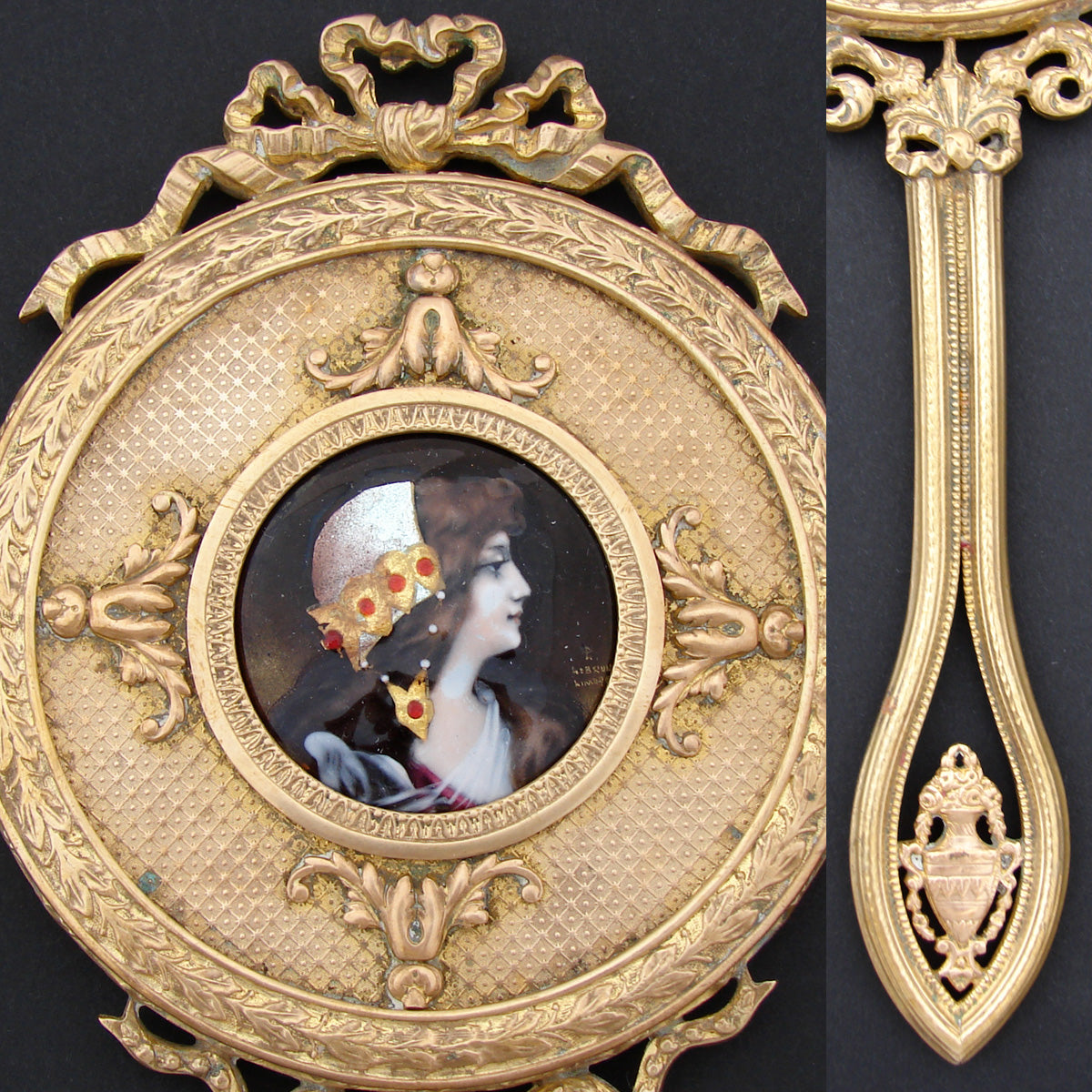 Antique French Empire Style Gilt Bronze 10.5" Vanity or Hand Mirror, Limoges Enamel Portrait Miniature