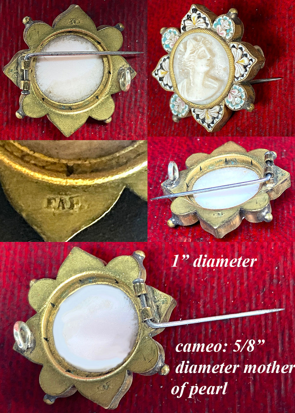 Antique Italian Carved Mother of Pearl Cameo and Micro Mosaic Souvenir Brooch, Edwardian Era