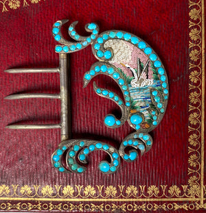 Antique Victorian to Edwardian Era Italian Micro Mosaic Swan & Persian Turquoise Buckle, 800 Silver