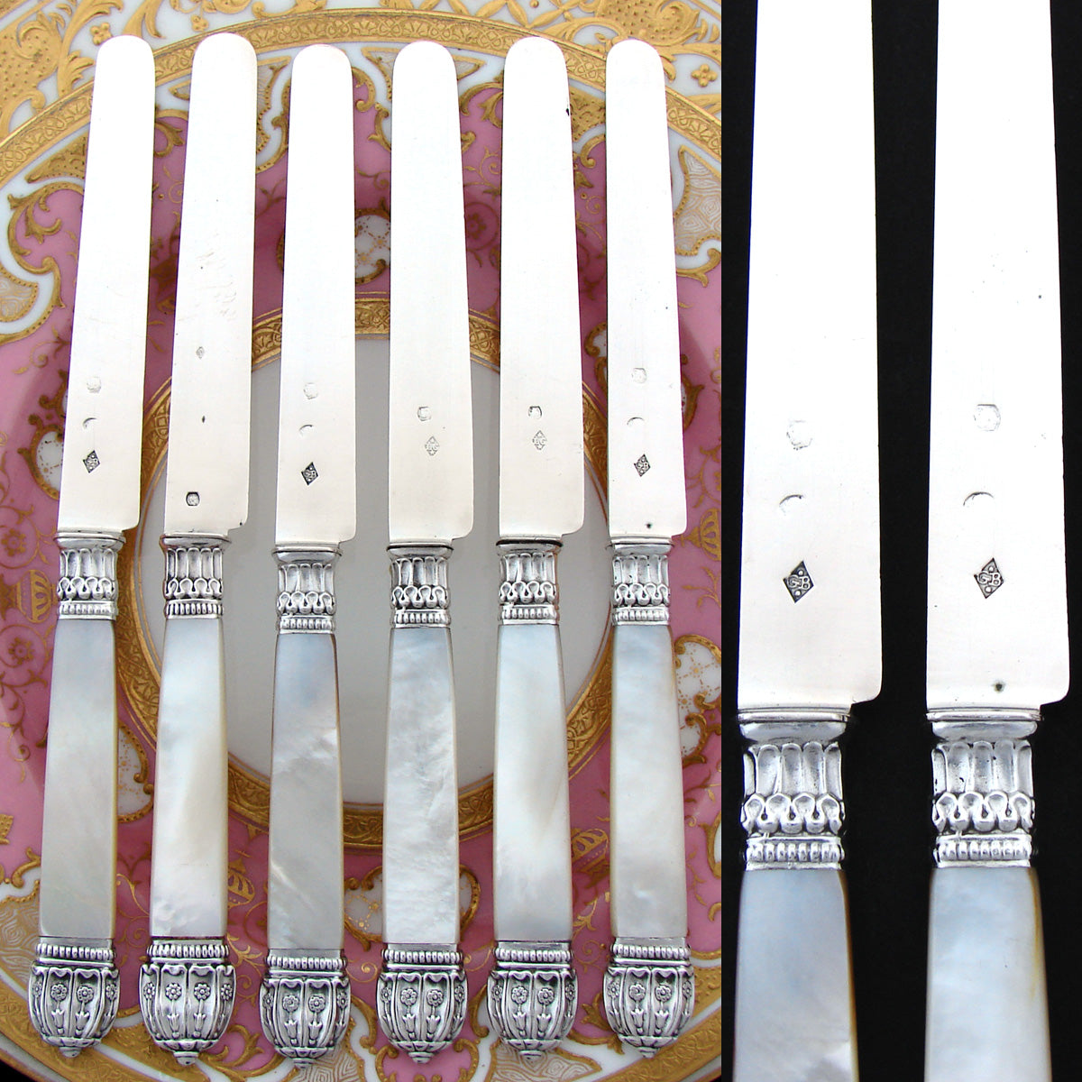 Antique French Hallmarked Silver & Mother of Pearl 6pc 7 5/8" Dessert or Cheese Knife Set