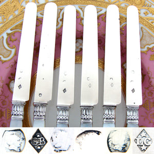 Antique French Hallmarked Silver & Mother of Pearl 6pc 7 5/8" Dessert or Cheese Knife Set