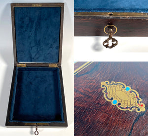 Antique French Napoleon III Era 8.5" Boulle Silverware or Jewelry Box, Working Lock w Key