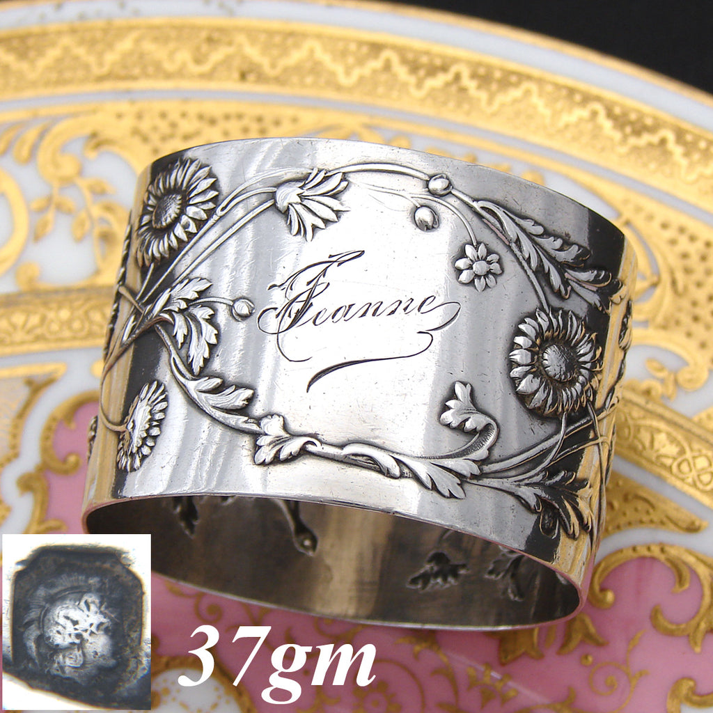 Lovely Antique French Sterling Silver Napkin Ring, Floral Decoration, "Jeanne" Inscription