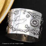 Lovely Antique French Sterling Silver Napkin Ring, Floral Decoration, "Jeanne" Inscription