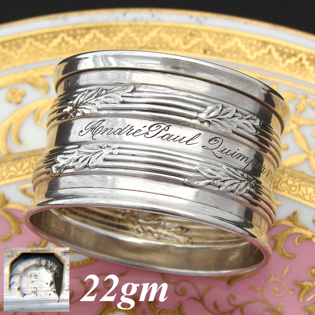 Fine Antique French Sterling Silver 2” Napkin Ring, Foliage Accented Bands