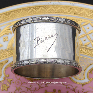 Antique French Sterling Silver 2” Napkin Ring, Raised Laurel Bands, "Pierre" Inscription