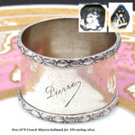 Antique French Sterling Silver 2” Napkin Ring, Raised Laurel Bands, "Pierre" Inscription