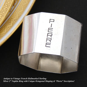 Antique French Sterling Silver Napkin Ring, Octagonal Shape, "Pierre" Inscription