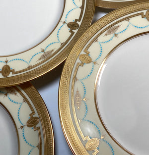 Fine Set of 10 LENOX 10 3/8" Dinner Plates w Raised Gold Enamel, Encrusted, Cream, Teal Porcelain
