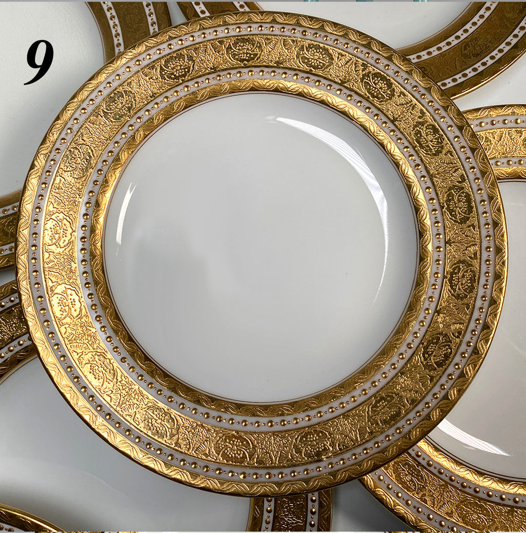 Stunning Set of 9 c. 1910 MINTON Heavy Encrusted Gold on White Porcelain Bread Plates