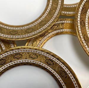 Stunning Set of 9 c. 1910 MINTON Heavy Encrusted Gold on White Porcelain Bread Plates