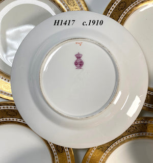 Stunning Set of 9 c. 1910 MINTON Heavy Encrusted Gold on White Porcelain Bread Plates