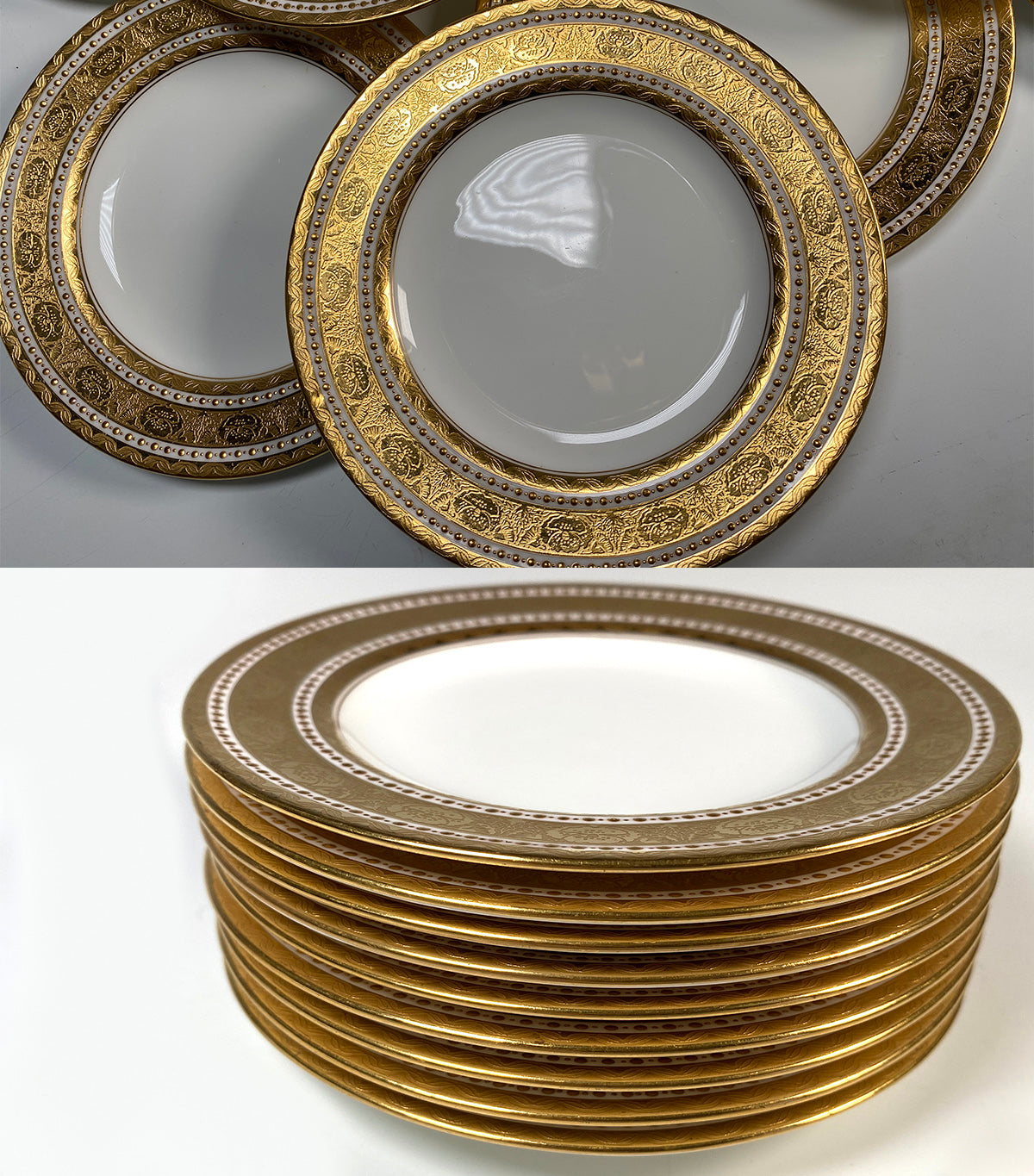 Stunning Set of 9 c. 1910 MINTON Heavy Encrusted Gold on White Porcelain Bread Plates