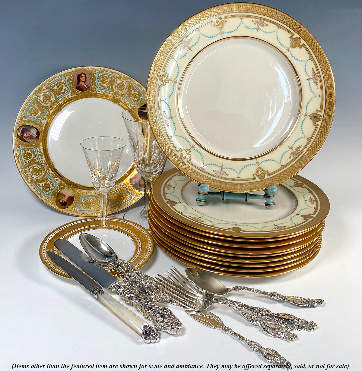 Stunning Set of 9 c. 1910 MINTON Heavy Encrusted Gold on White Porcelain Bread Plates