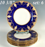 Antique Set of 6 c.1940 Royal Doulton Cobalt and Raised Gold Enamel Encrusted Dinner Plates, 10 3/8"