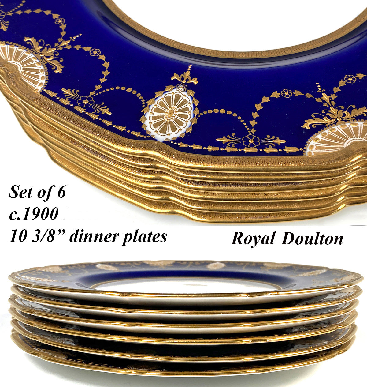 Antique Set of 6 c.1940 Royal Doulton Cobalt and Raised Gold Enamel Encrusted Dinner Plates, 10 3/8"