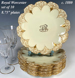 Superb Set of 10 Antique Royal Worcester 8.75" Plates c.1880, Gold Enamel on Cream Porcelain