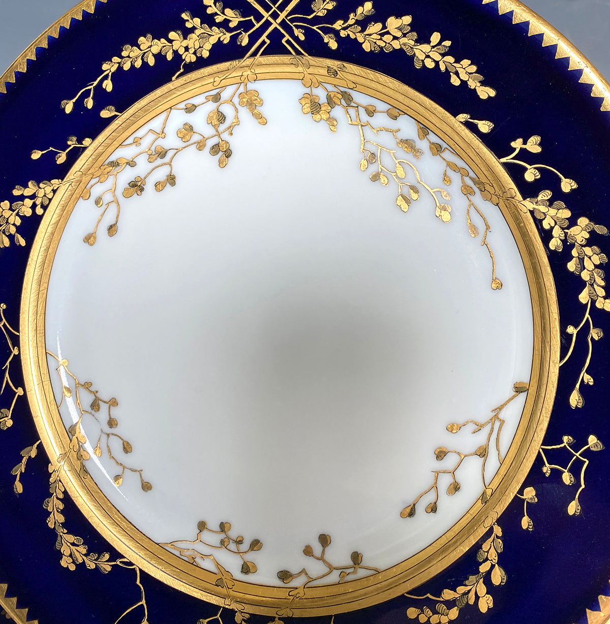 Elegant Antique Hand Painted Gold on Cobalt Dinner Plate Set of 10, Thun Porcelain, Bohemia