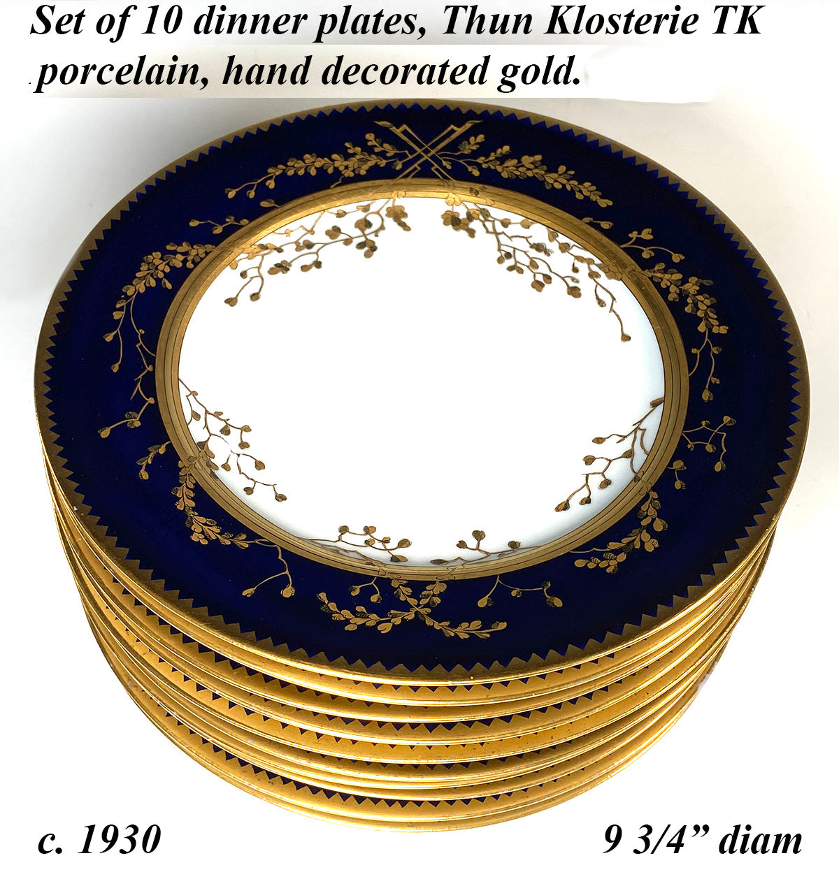 Elegant Antique Hand Painted Gold on Cobalt Dinner Plate Set of 10, Thun Porcelain, Bohemia