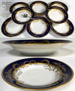 Elegant Antique Hand Painted Gold on Cobalt Soup Plate Set of 10, Thun Porcelain, Bohemia