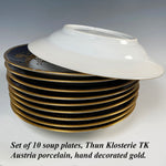 Elegant Antique Hand Painted Gold on Cobalt Soup Plate Set of 10, Thun Porcelain, Bohemia