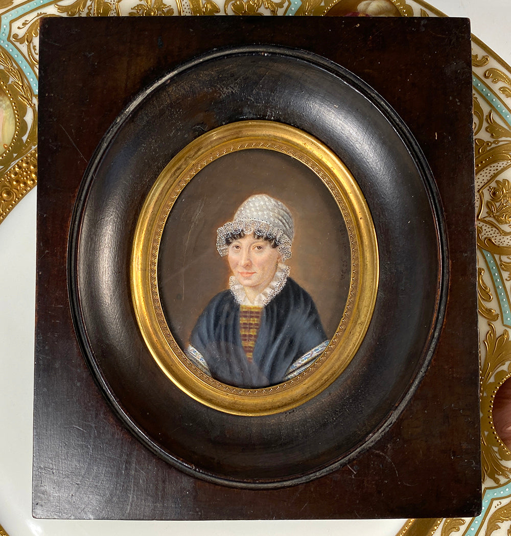 Fine Antique French c.1827 Portrait Miniature, Artist Signed Lady in Lace Bonnet, Charles X Era