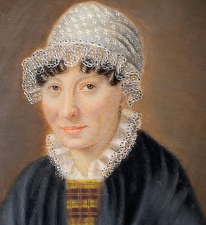 Fine Antique French c.1827 Portrait Miniature, Artist Signed Lady in Lace Bonnet, Charles X Era
