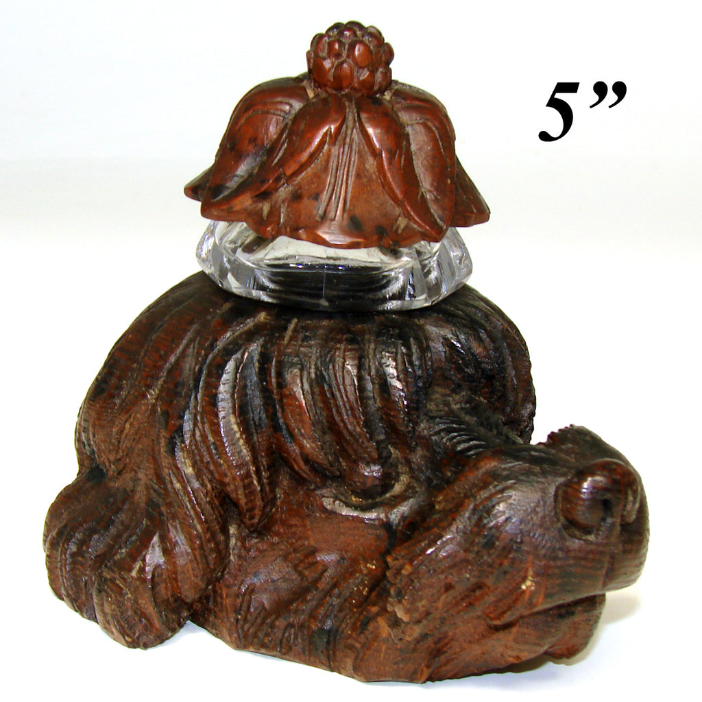 Antique Black Forest Style Carved 5" Inkwell, Bushy Haired Dog or Hound Figure