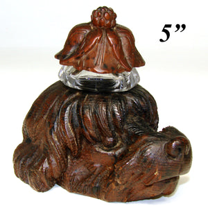 Antique Black Forest Style Carved 5" Inkwell, Bushy Haired Dog or Hound Figure