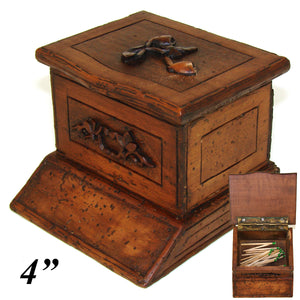 Antique Black Forest Carved Match Holder Box, Casket, Tobacco Pipe Carved Accents & Striker Panel