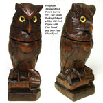 Antique Swiss Black Forest Carved 5.5" Inkwell, a Wise Old Owl Figure with 2-Tone Glass Eyes
